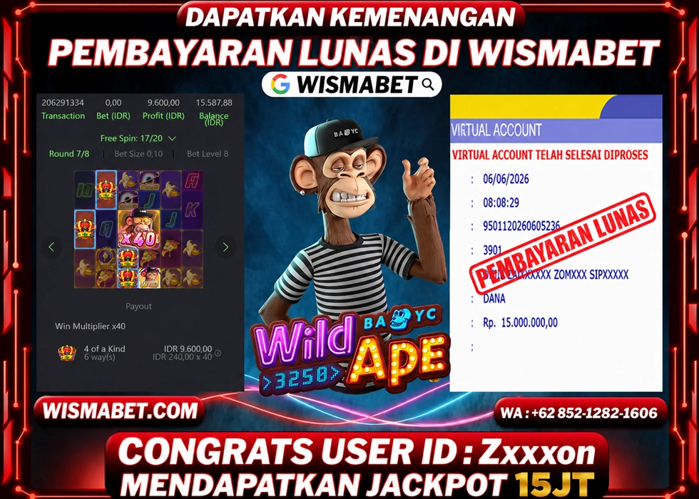 WISMABET - BUKTI KEMENANGAN JACKPOT Wild Ape Rp15,000,000,- LUNAS